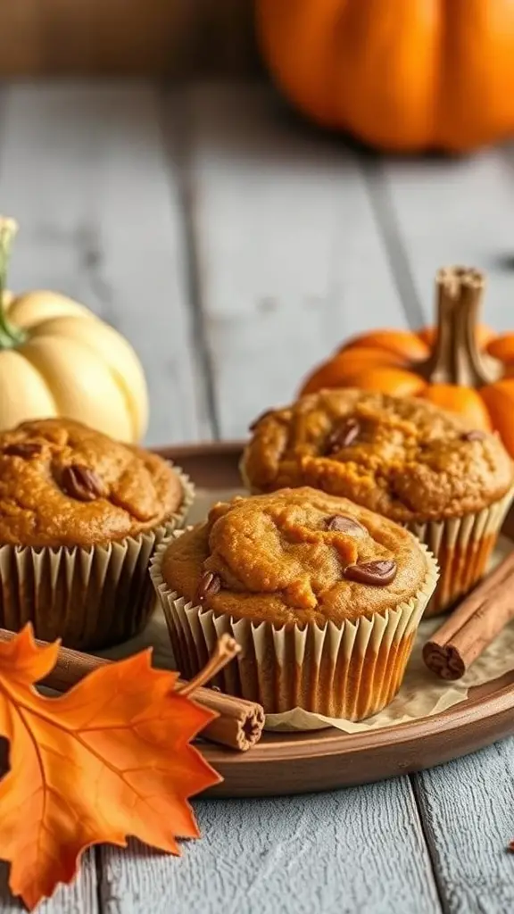 A plate of pumpkin spice muffins with autumn decorations