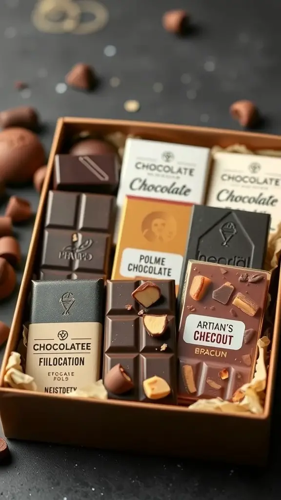A selection of artisan chocolate bars in a gift box, showcasing various flavors and designs.