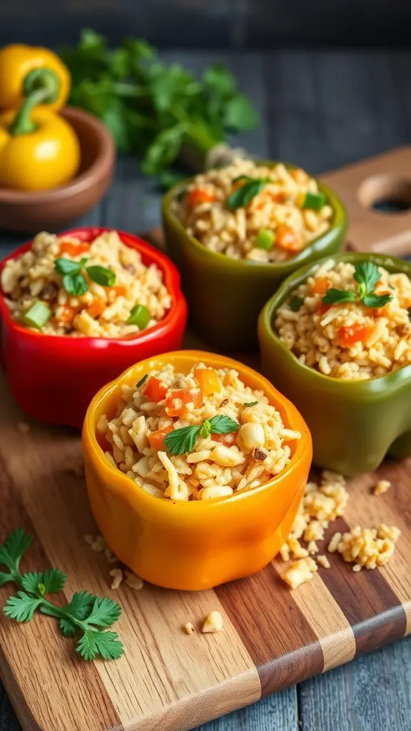 Colorful stuffed bell peppers filled with rice and vegetables on a wooden cutting board.