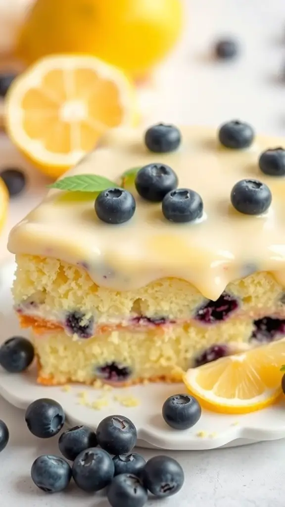 A slice of lemon blueberry bento cake topped with blueberries and lemon slices