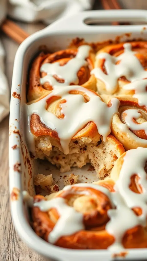 Baked cinnamon roll casserole with icing on top, fresh out of the oven.
