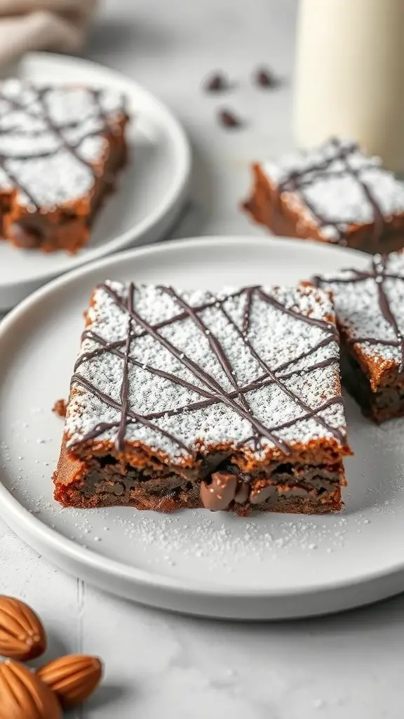 A plate of almond flour brownies topped with powdered sugar and chocolate drizzle, with almonds in the foreground.