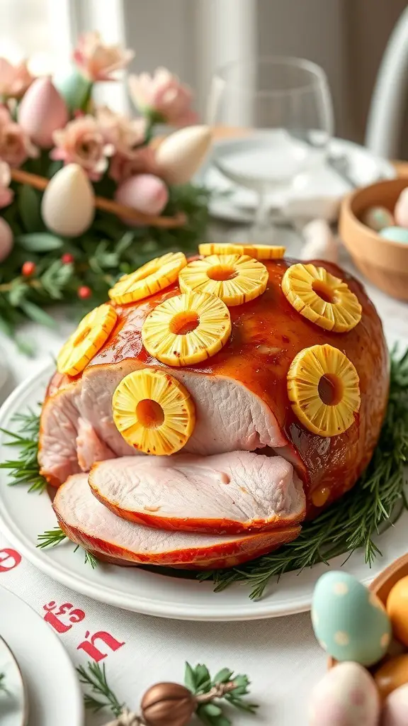 A beautifully glazed ham topped with pineapple slices, surrounded by festive decorations.