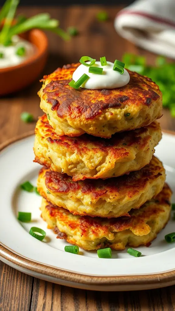 A stack of golden-brown Irish potato cakes topped with sour cream and green onions.