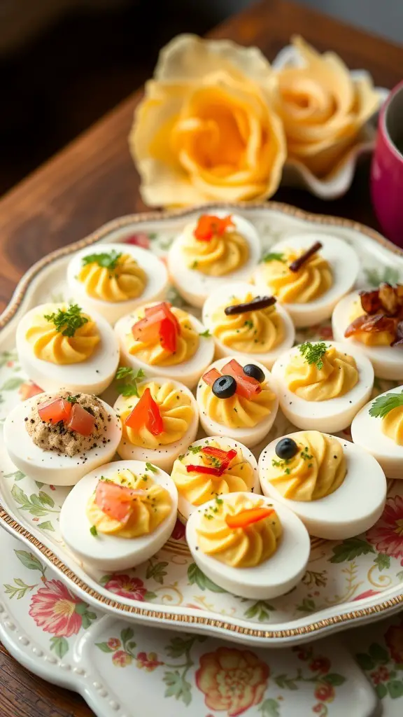 A platter of colorful deviled eggs with various toppings