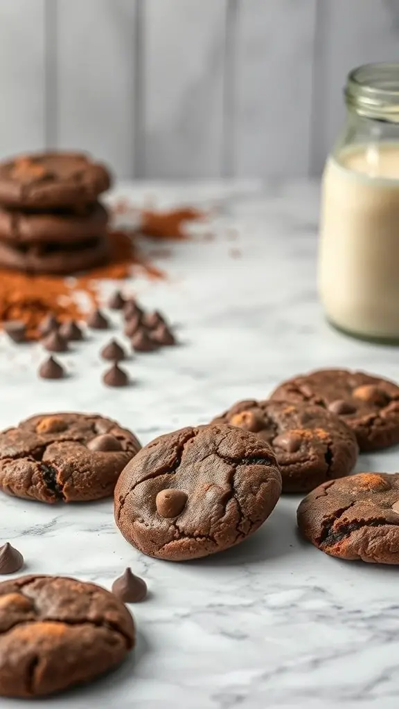A plate of flourless chocolate cookies with chocolate chips and a glass of milk