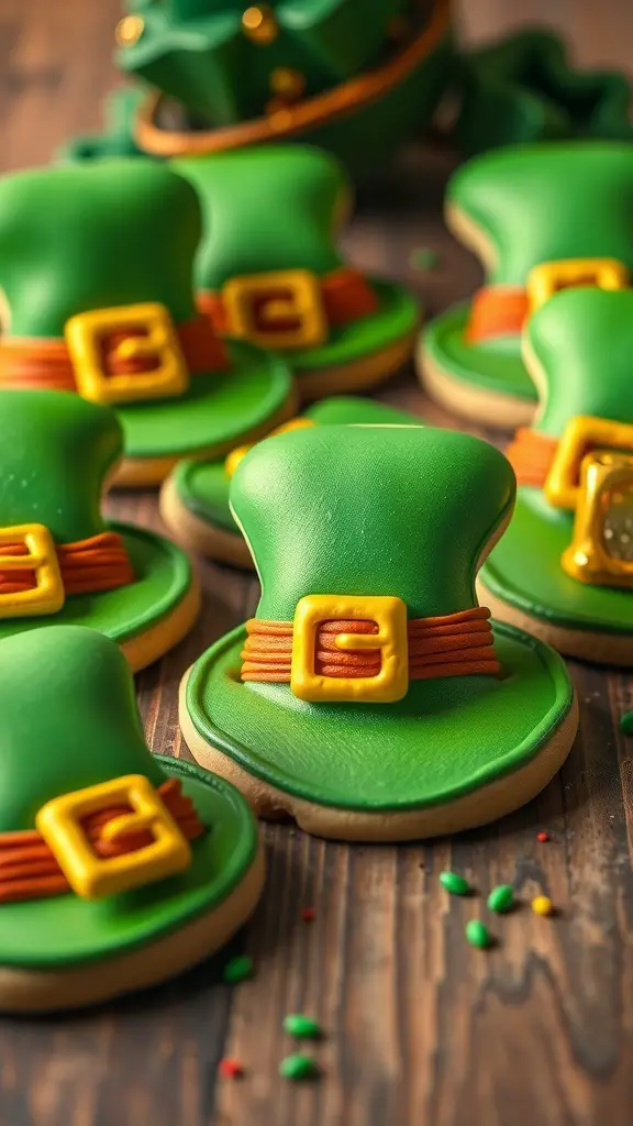 A collection of green leprechaun hat cookies with golden buckles on a wooden table.