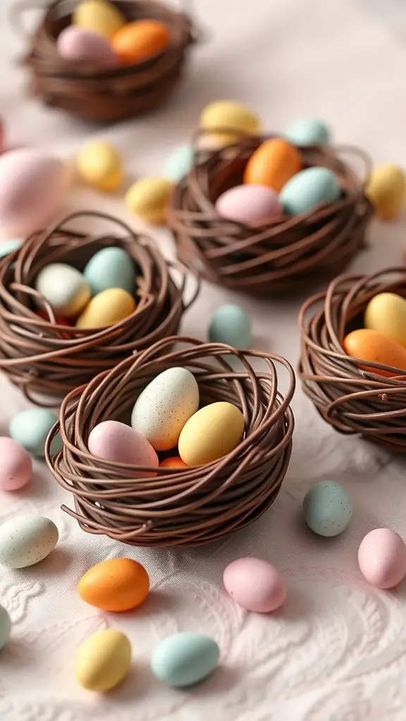 Chocolate egg nests filled with colorful candy eggs on a light background.