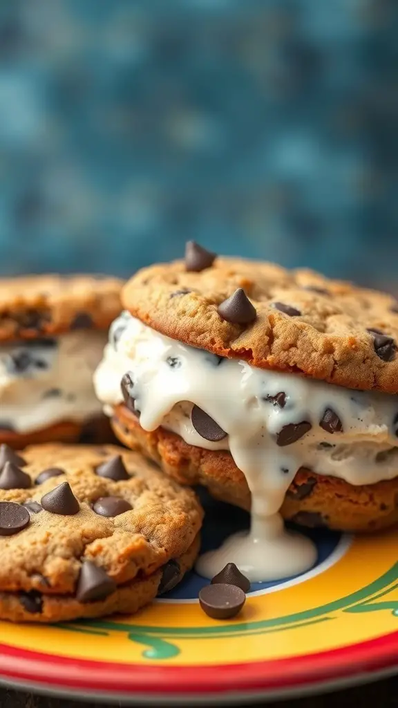 Chocolate chip cookie ice cream sandwiches with melting ice cream