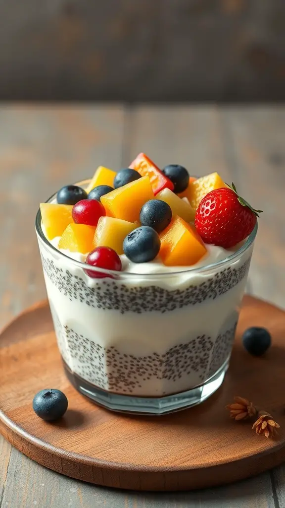 A glass of chia seed pudding topped with mango, strawberries, blueberries, and cherries, served on a wooden plate.