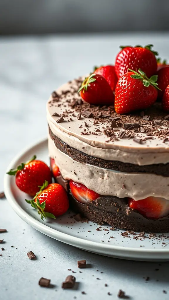 A delicious Chocolate Strawberry Mousse Cake topped with fresh strawberries and chocolate shavings.
