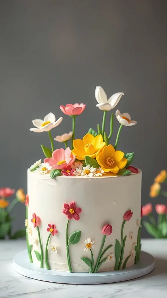 A beautifully decorated cake with colorful floral toppers, showcasing pink, yellow, and white flowers.