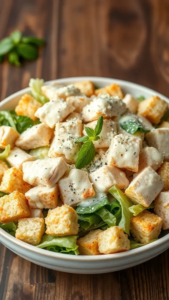 A bowl of Classic Chicken Caesar Salad with grilled chicken, croutons, and dressing.