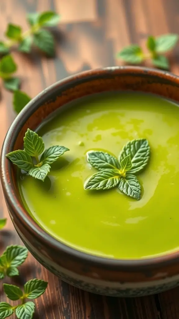 A bowl of vibrant green spring pea soup garnished with mint leaves.