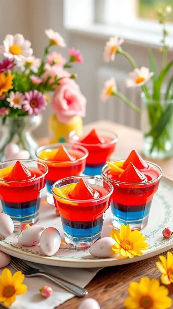 Colorful Easter Egg Jello Cups on a table with flowers and Easter eggs
