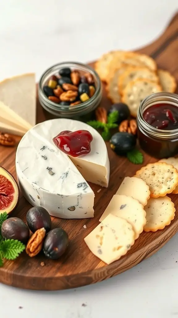 A wooden platter featuring Dubliner cheese, fig jam, assorted crackers, nuts, and fresh fruits.