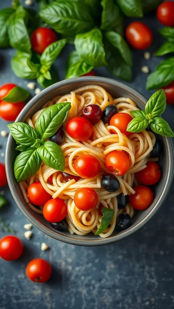 A bowl of heart-shaped pasta salad with cherry tomatoes and basil