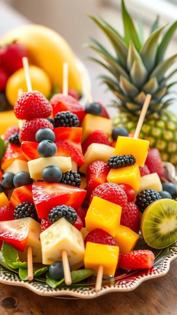 Colorful fruit skewers with strawberries, blueberries, mangoes, and kiwi arranged on a platter