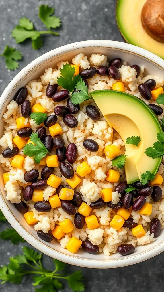 A bowl filled with cauliflower rice, black beans, corn, avocado slices, and cilantro.