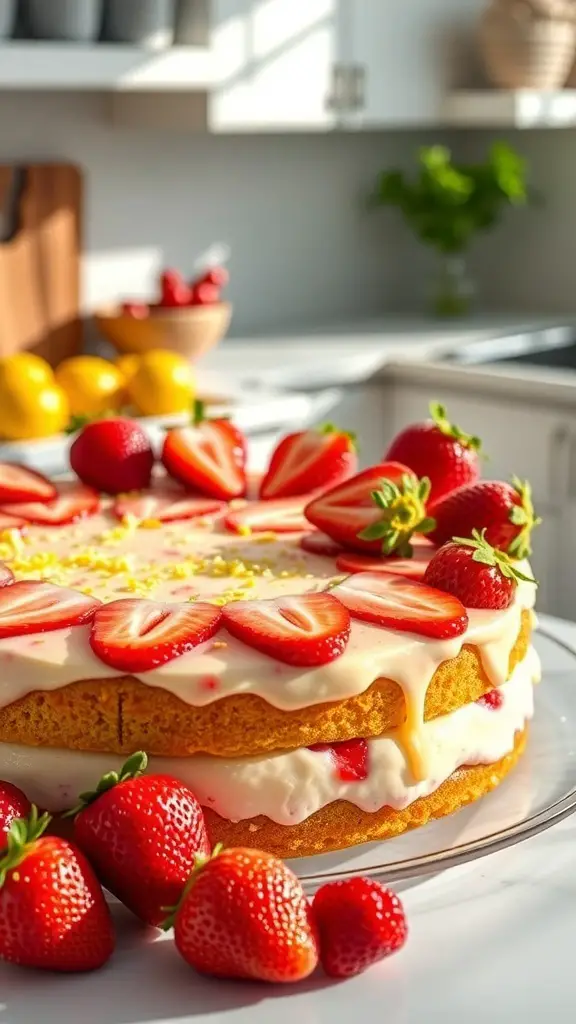 A beautifully decorated Lemon Strawberry Poke Cake with fresh strawberries on top, set in a bright kitchen.