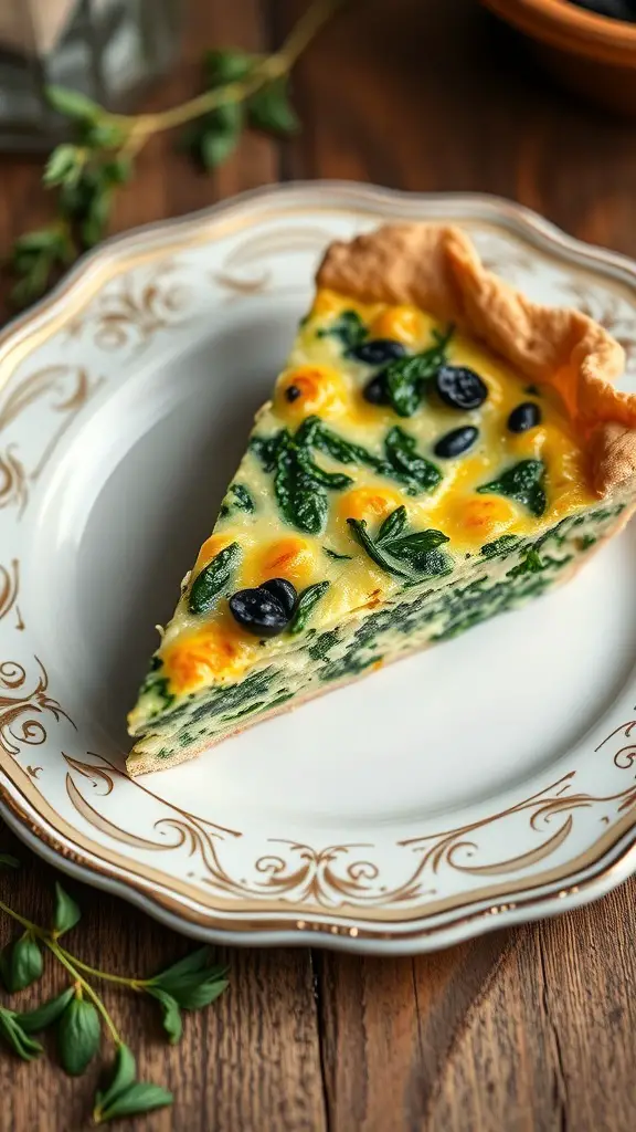 A slice of savory spinach quiche on a decorative plate, showcasing a golden crust and vibrant green filling.