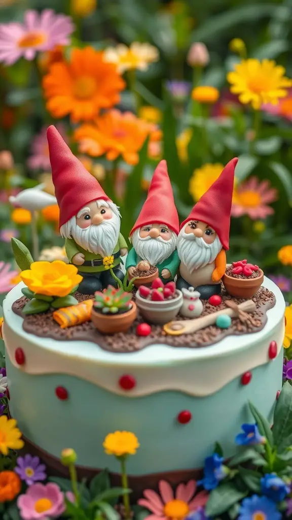 A colorful cake decorated with gnome figurines and garden elements, surrounded by flowers.