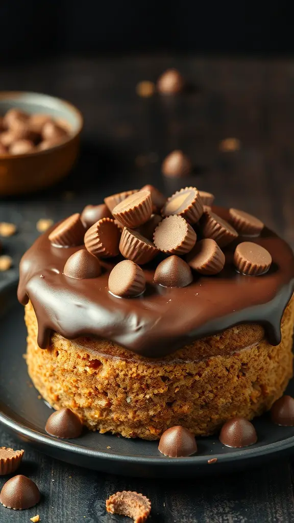 A delicious Peanut Butter Cup Cake topped with chocolate ganache and mini peanut butter cups.