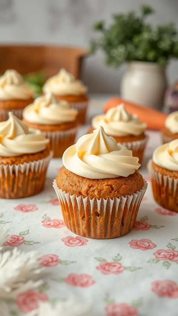 Delicious carrot cake muffins topped with cream cheese frosting, arranged on a floral tablecloth.