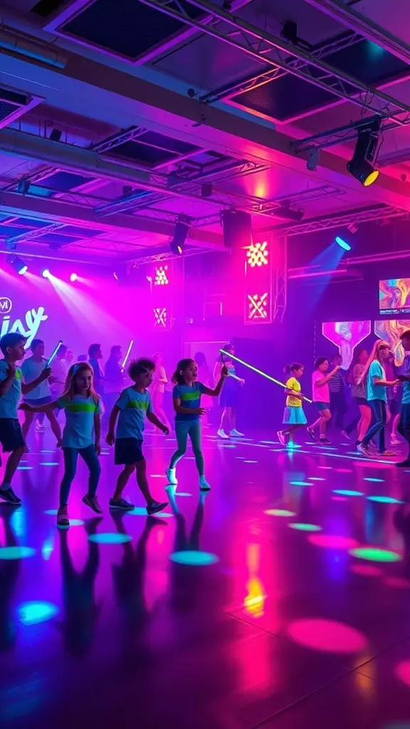 Kids dancing at a glow-in-the-dark party with colorful lights