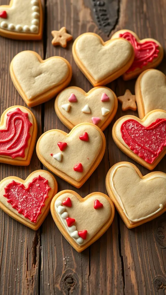 A variety of heart-shaped cookies decorated with icing and small candies on a wooden surface.