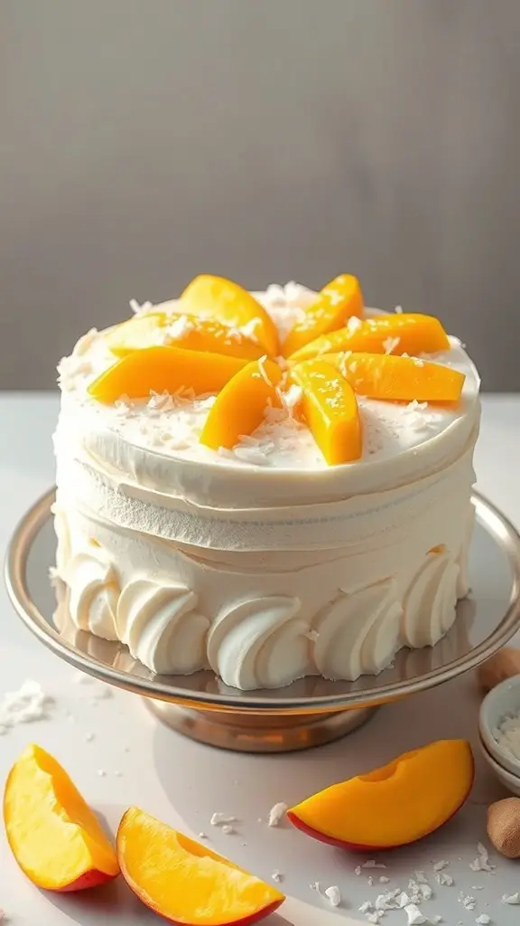 A beautiful Mango Coconut Chiffon Cake topped with mango slices and coconut flakes.