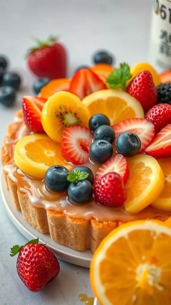 A colorful fruit tart bento cake topped with strawberries, blueberries, and citrus slices.