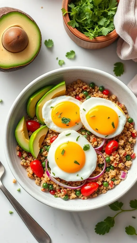 A herbed quinoa breakfast bowl with sunny-side-up eggs, cherry tomatoes, peas, and avocado slices.