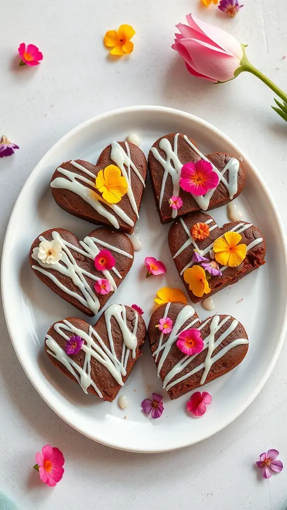 Heart-shaped brownies decorated with icing and edible flowers on a plate.