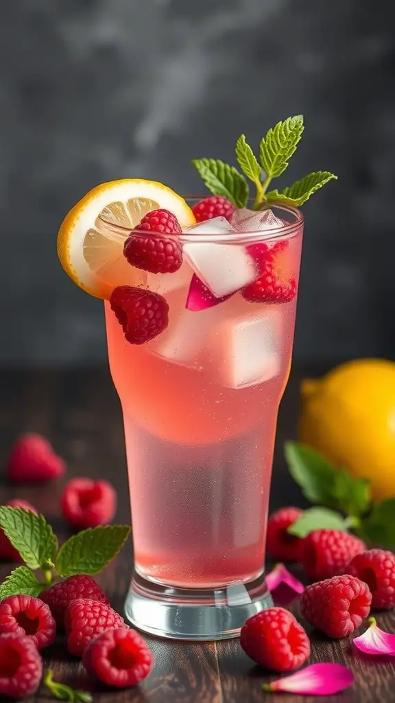 A glass of Raspberry Rose Lemonade with fresh raspberries and mint leaves