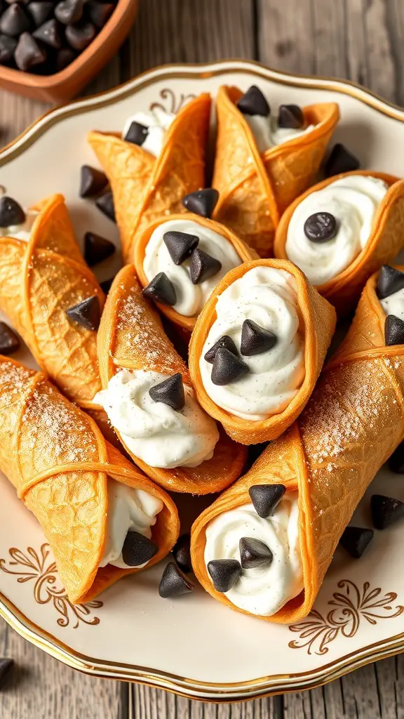 A plate of cannoli filled with sweet ricotta and topped with chocolate chips.