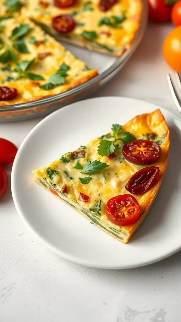 A slice of Pesto and Sun-Dried Tomato Frittata on a white plate, garnished with cherry tomatoes and herbs.