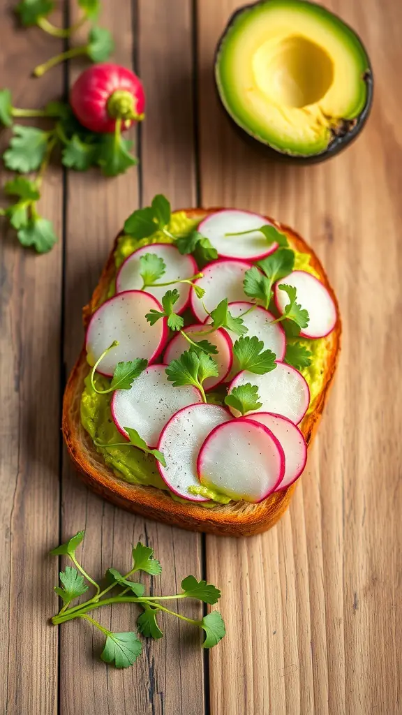 A slice of avocado toast topped with radish slices and cilantro on a wooden table.