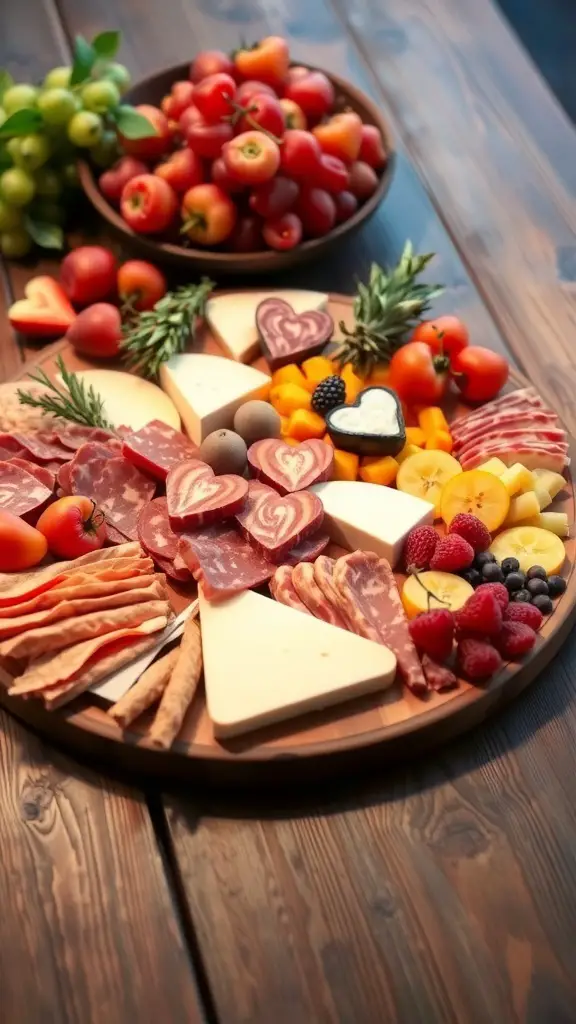 A beautifully arranged Sweetheart Charcuterie Board featuring cheeses, cured meats, fruits, and heart-shaped treats.