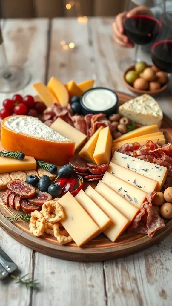 A beautifully arranged cheese and charcuterie board featuring various cheeses, cured meats, fruits, and nuts.