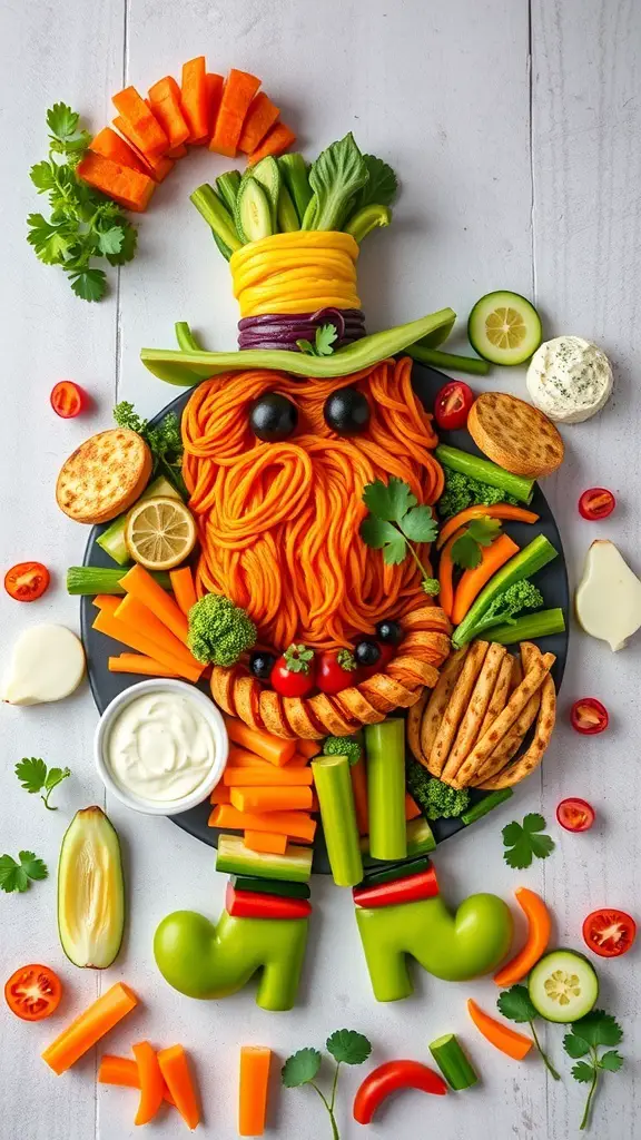 A colorful veggie platter shaped like a leprechaun, featuring carrots, cucumbers, broccoli, and dips.