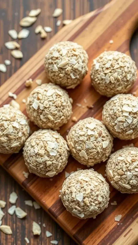 A close-up of oatmeal energy bites on a wooden cutting board, sprinkled with oats.