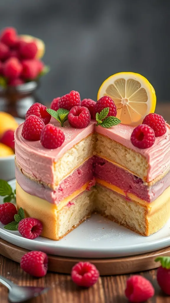 A bento cake with layers of raspberry and lemon, topped with fresh raspberries and a lemon slice.