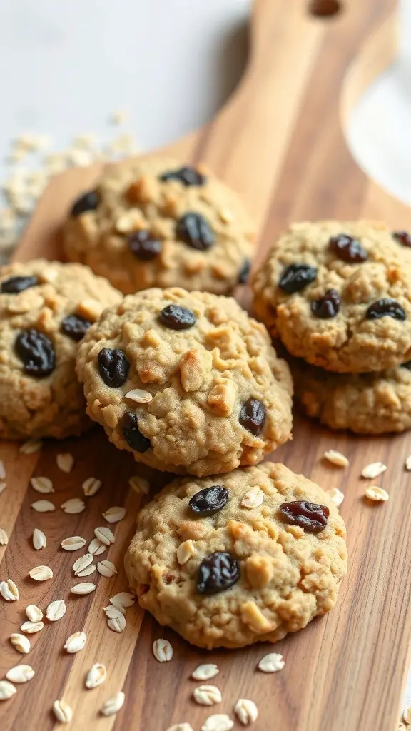 Oatmeal raisin cookies on a wooden cutting board