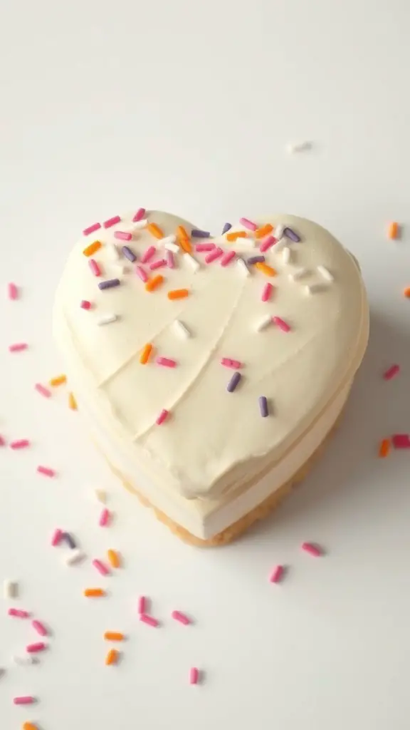 A heart-shaped vanilla bean cake topped with colorful sprinkles.