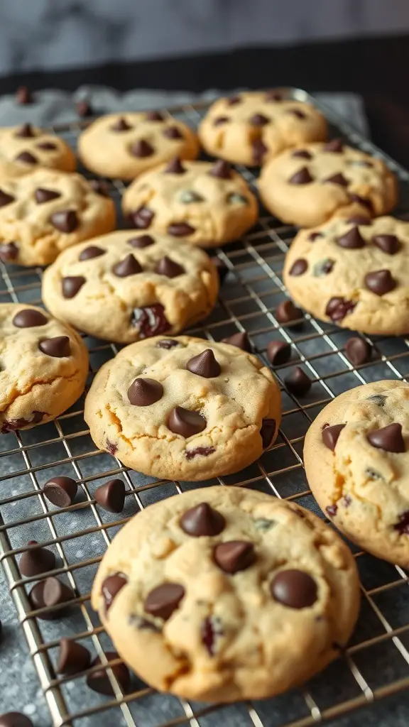 A tray of freshly baked almond flour chocolate chip cookies on a cooling rack.