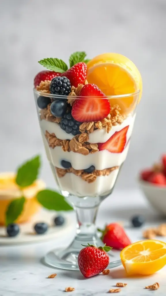 A colorful fruit and yogurt parfait with layers of yogurt, granola, and fresh berries, garnished with a lemon slice and mint leaves.