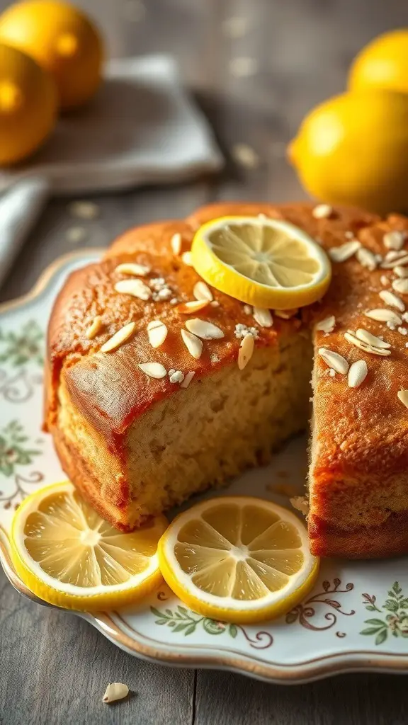 A slice of lemon almond cake on a decorative plate, garnished with lemon slices and almond slivers.