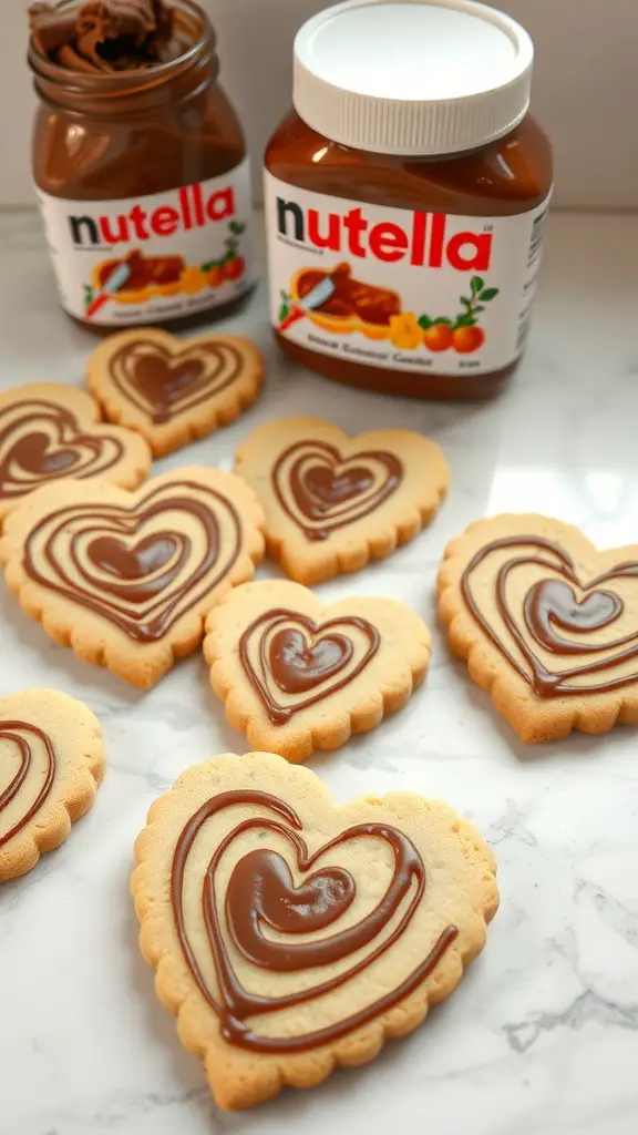 Nutella swirled heart-shaped cookies with jars of Nutella