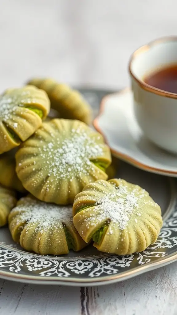 A plate of green tea matcha cookies dusted with powdered sugar, accompanied by a cup of tea.